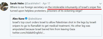  [Gdzie jest nasz minister spraw zagranicznych w sprawie nieznośnego nieludzkiego ognia snajperskiego Izraela skierowanego na bezradnych protestujących, więźniów odrażającego oblężenia?Alex Kane<br />Sąd Najwyższy Izraela nakazał Izraelowi na pozwolenie Palestyńczykowi postrzelonemu w nogi przez izraelskich snajperów na wyjazd do Ramallah, by otrzymać opiekę medyczną. Jego druga noga jest amputowana, ponieważ Izrael [wcześniej] zakazał mu opuszczania Gazy]