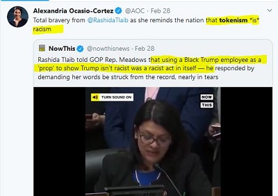 [Alexandria Ocasio-Cortez:Brawurowa odwaga @Rashidy Tlaib, kiedy przypomina narodowi, e tokenizm jest rasizmem.Now This:Rashida Tlaib powiedziaa republikaskiemu reprezentantowi Meadowsowi, e uywanie czarnego pracownika Trumpa jako „rekwizytu”, by pokaza, e Trump nie jest rasist, jest samo w sobie aktem rasistowskim. Odpowiedzia daniem, by jej sowa skrelono z protokou, niemal ze zami.]