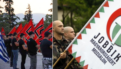 Po lewej: Zwolennicy greckiej partii faszystowskiej, Zoty wit. Po prawej: Zwolennicy wgierskiej partii faszystowskiej, Jobbik.