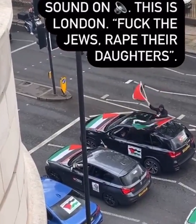 Kawalkada samochodów w północnym Londynie 16 maja 2021, z powtarzanym przez megafon sloganem: „Fack the Jews. Rape their daughters”. Zrzut z ekranu wideo.