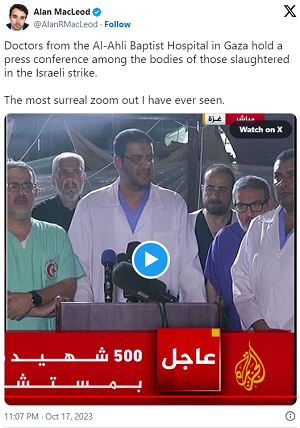 [Lekarze ze szpitala Al-Ahli w Gazie urządzili konferencję prasową pośród zwłok zabitych przez izraelskie uderzenie.<br />Najbardziej surrealistyczny pokaz jaki kiedykolwiek widziałem.]