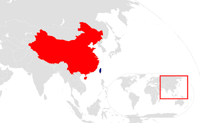 Chiny (czerwony) i Tajwan (czarna wyspa na południowy wschód od Chin). Chiny uważają Tajwan za część swojego suwerennego terytorium i otwarcie zadeklarowały zamiar ponownego zjednoczenia go z kontynentem w bliżej nieokreślonym czasie w przyszłości.