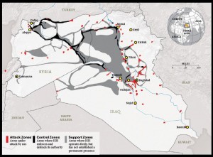 Dla zwolenników IS najwaniejsza jest kontrola terytorium. Mapa, opracowana przez Institute for the Study of War, pokazuje obszar pod kontrol kalifatu 15 stycznia 2015 r. Tam, gdzie IS przejo wadz, zbiera podatki, reguluje ceny, wprowadza system sdowniczy, a take usugi – od suby zdrowia przez edukacj do telekomunikacji.