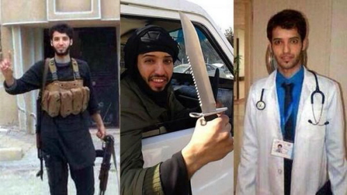 Al Anzi z pasem samobójcy, z noem uywanym przez ISIS i starsze zdjcie, kiedy pracowa jako lekarz.