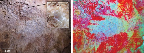 Fig. 2. Hand stencil GS3b in Maltravieso cave (minimum age 66.7 ka). (Left) Original photo. The inset shows where the overlying carbonate was sampled for MAL 13. (Right) Same picture after application of the DStretch software (25) (correlation LRE 15%, auto contrast) to enhance color contrast. See (20) for details.