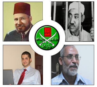Pokolenia przywódców Bractwa Muzumaskiego (górny rzd, od prawej do lewej): Sajjid Kutb, filozof szkoy myli wojujcego islamu; Hassan al-Banna, zaoyciel; (dolny rzd, od lewej do prawej): Ibrahim al-Hudajbi (z modszego pokolenia ruchu), bloger i wnuk szóstego przewodnika generalnego; Mohammed Badie, obecny „przewodnik generalny” [najwyszy przywódca]<a href=\