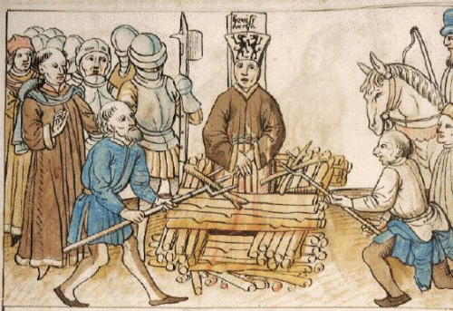 Spalenie Jana Husa w 1415 roku. Pawe Wodkowic nalea do nielicznych protestujcych.