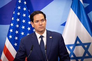 Amerykaski Sekretarz Stanu Marco Rubio podczas konferencji prasowej w Jerozolimie 16 lutego 2025. Photo by Alex Kolomoisky/POOL via Flash90.