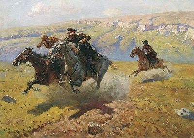  „Kto walczy z kim” obraz francusko-rosyjskiego malarza Franza Roubauda (1856-1928).