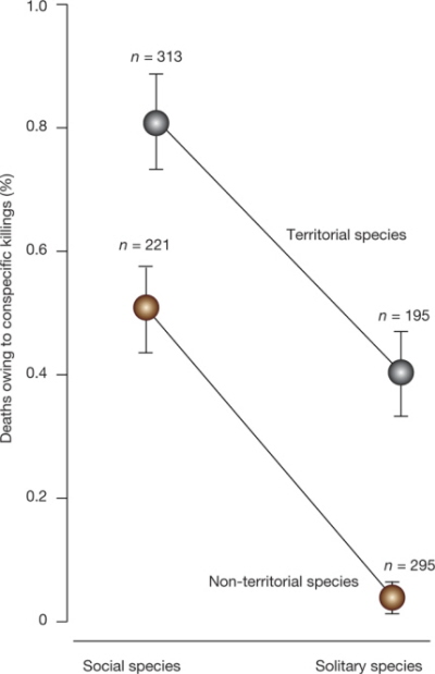 (Z artykuu): Wykres pokazuje poziomy zabójczej agresji w grupach, z poprawk na filogenez, (rednia  ± bd standardowy redniej) i liczb gatunków ssaków zawartych w kadej grupie. Uylimy filogenetycznego uogólnionego modelu liniowego (PGLS), by sprawdzi efekt terytorialnoci (tak lub nie) i zachowania spoecznego (spoeczny lub samotniczy) na zabójcz agresj. Poziom zabójczej agresji by wyszy u gatunków spoecznych i terytorialnych (PGLS, P < 0.05 we wszystkich wypadkach i filogenezach ssaków; Rozszerzona tabela danych 1), bez interakcji midzy tymi dwoma terminami (Rozszerzona tabela danych 1).