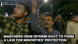 Od czasu upadku w sierpniu rzdu Ligi Awami pod przywództwem Sheikh Hasiny  wiat by wiadkiem penej islamizacji i talibanizacji Bangladeszu. Pitego listopada spoeczno hinduska zostaa zaatakowana przez policj i wojsko w Chittagong, drugim co do wielkoci miecie w Bangladeszu. Na zdjciu: czonkowie mniejszoci religijnych Bangladeszu protestuj w Dhakce przeciwko atakom, grabieom, wandalizmowi i podpaleniom wity w caym kraju. (Zdjcie: zrzut z ekranu wideo)