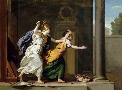 Minerwa (rzymska wersja Ateny) anuluje Arachne za jej mowę nienawiści wobec bogów. Obraz René-Antoine Houasse, 1706. Wikimedia Commons