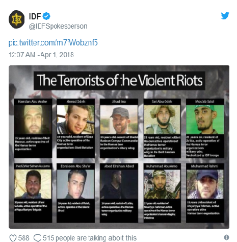 @IDFRzecznik<br />Co najmniej 10 znanych terrorystów z historią działalności terrorystycznej zostało zabitych podczas dokonywania aktów terroru podczas gwałtownych zamieszek wzdłuż granicy między Izraelem a Strefą Gazy w piątek, 30 marca 2018.Hamas nawet publicznie przyznał się do pięciu z powyższych osób.