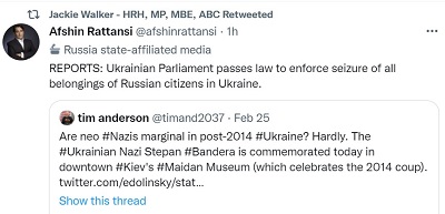 [DONIESIENIA: Ukraiński parlament uchwala prawo o przymusowym przejęciu całego dobytku rosyjskich obywateli w Ukrainie.Tim Anderson<br />Czy neo#naziści są marginalni w #Ukrainie po 2014 r.? Nie sądzę. #Ukraiński nazista Stepan #Bandera jest upamiętniany dzisiaj w centrum #Kijowa w #Muzeum Majdanu (które świętuje zamach stanu z 2014 r.]