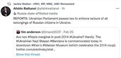 [DONIESIENIA: Ukraiski parlament uchwala prawo o przymusowym przejciu caego dobytku rosyjskich obywateli w Ukrainie.Tim Anderson<br />Czy neo#nazici s marginalni w #Ukrainie po 2014 r.? Nie sdz. #Ukraiski nazista Stepan #Bandera jest upamitniany dzisiaj w centrum #Kijowa w #Muzeum Majdanu (które wituje zamach stanu z 2014 r.]