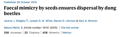 https://www.nature.com/articles/nplants2015141#:~:text=The%20large%20brown%2C%20round%2C%20strongly,that%20roll%20and%20bury%20them.&text=Mimicry%2C%20deception%20and%20sensory%20exploitation,especially%20for%20seed%20dispersal1.