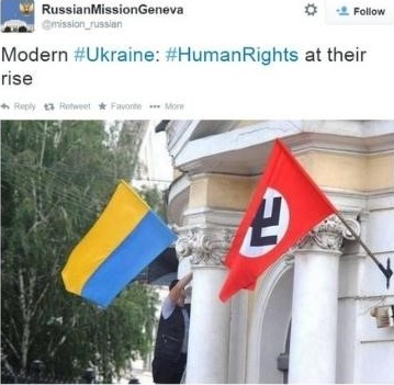 Propaganda rosyjskich dyplomatów na Twitterze. W rzeczywistości zdjęcie jest klatką z filmu o II wojnie światowej. (Źródło: https://bitterwinter.org/nazism-in-ukraine-separating-facts-from-fiction/#Russian_Propaganda_Is_Just_Propaganda</a>