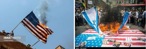 Palenie flag izraelskiej i amerykaskiej wraz z wizerunkami prezydenta Obamy, króla saudyjskiego Salmana i premiera izraelskiego Netanjahu (ISNA, Tasnim, Iran, 1 lipca 2016)