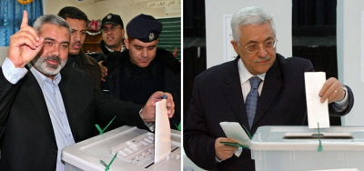 Przywódca Hamasu, Ismail Hanija (po lewej) i przywódca Fatahu, Mahmoud Abbas (również prezydent Autonomii Palestyńskiej) głosujący w ostatnich wyborach do Palestyńskiej Rady Ustawodawczej, które miały miejsce w 2006 r.<br /> <br /> 