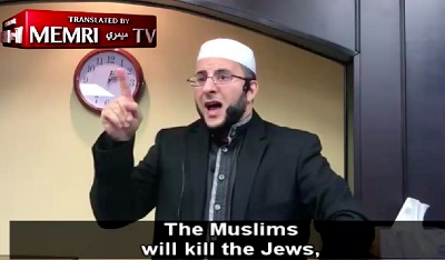 In mosques the promise that Muslim will kill all Jews is repeated almost daily. In the picture above an imam from Texas says these words.