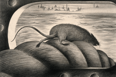 Na ilustracji Alberta Tartera, zaraony dum szczur schodzi po linie cumowniczej statku, lata 40. XX wieku. ródo: kolekcja Wellcome