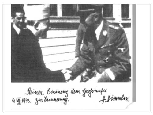 Zrzut z ekranu pokazujcy zdjcie ze spotkania Had Amina al-Husseiniego<br /> z przywódc SS Heinrichem Himmlerem,<br /> z dedykacj:<br /> \