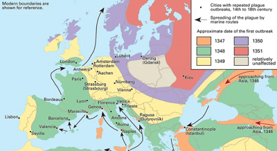 Druga pandemia czarnej mierci w Europie (1346–1352). ródo: Encyclopædia Britannica, Inc.