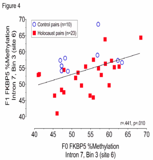 (From paper). Figure 4. Relationship between F0 and F1 FKBP5 intron 7 bin 3/site 6 percent methylation. Parent-offspring pairs are represented by red squares for Holocaust survivors (n=23) and by blue open circles for controls (n=10). Significance was set at p<.05.