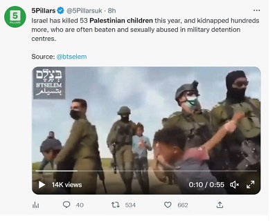 [5Pillars: Izrael zabił 53 palestyńskie dzieci w tym roku i porwał dalsze setki, które często są bite i wykorzystywane seksualnie w ośrodkach wojskowego aresztu]