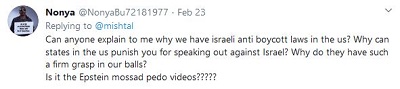 [Czy kto moe wyjani mi, dlaczego mamy prawa przeciwko bojkotowi Izraela w USA? Dlaczego stany w USA mog ci ukara za mówienie przeciwko Izraelowi? Dlaczego trzymaj nasze jaja w tak silnym uchwycie? Czy to s Epstein Mosad pedo wideo?????]  