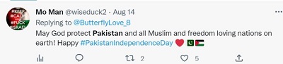 [MoMan: Niechaj Bóg chroni Pakistan i wszystkich muzułmanów, i miłujące wolność narody na ziemi! Szczęśliwego #DnianiepodległościPakistanu]
