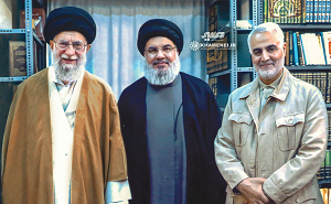 Hassan Nasrallah<br />(Zdjcie: Hasan Nasrallah (w rodku) w towarzystwie Chamenei’ego oraz Kasama Sulejmaniego)