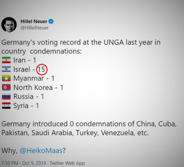 Zrzut z ekranu z konta Twittera przewodniczącego UN Watch Hillela Neuera, który pyta Ministra Spraw Zagranicznych Niemiec, Heiko Maasa dlaczego rok  po roku Niemcy na forum ONZ potępiają naród żydowski więcej razy niż wszystkie inne narody świata razem wzięte?