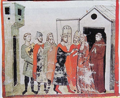 Cesarz Henryk IV ukorzy si przed papieem Grzegorzem VII w styczniu 1077 roku.