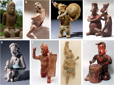 <span>(From paper): Fig. 1 Ancient American sculptures with discernible faces and contexts. (A) Captive from Tonina archeological site (Mexico, 690–700 CE). Photo credit: Mauricio Marat, Instituto Nacional de Antropología e Historia. </span>https://www.inah.gob.mx/images/boletines/2016_215/demo/#img/foto5.png<span> (1 July 2019). (B) Tortured, scalped prisoner from Campeche (Mexico, 700–900 CE). Baltimore Museum of Art, Kerr Portfolio 2868, photo by J. Kerr. (C) Maya man carrying large stone (Mexico, 600–1200 CE). Kerr Portfolio 8237, photo by J. Kerr. (D) Joined couple (Mexico, 200–500 CE). Los Angeles County Museum of Art (LACMA) AC1996.146.21, gift of C. M. Fearing. (E) Maya woman holding child (600–800 CE). Princeton University Art Museum 2003-26, gift of G. G. Griffin. (F) Kneeling Maya warrior with facial tattoos and shield (Mexico, 600–800 CE), detail. Earthenware and pigment, 15.9 cm by 10.8 cm. Fine Arts Museums of San Francisco 2009.38.2, gift of G. Merriam and J. A. Merriam. (G) Maya ballplayer (Mexico, 700–900 CE). University of Maine HM646, William P. Palmer Collection. (H) Colima drummer (Mexico, 200 BCE–500 CE). LACMA, Proctor Stafford Collection, purchased with funds provided by Mr. and Mrs. Allan C. Balch.</span>