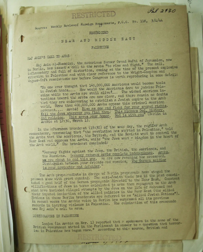 Zapis audycji Amina al-Husseiniego z 1 marca 1944 r. NATIONAL ARCHIVES COLLEGE PARK, Zdjęcie AUTORA