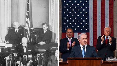 Zdjcie po lewej: Brytyjski premier Winston Churchill przemawia na wspólnej sesji Kongresu USA 27 grudnia 1941 r. (zdjcie: Keystone/Hulton Archive/Getty Images). Zdjcie po prawej: Izraelski premier Benjamin Netanjahu przemawia na wspólnej sesji Kongresu USA 3 marca 2015 r. (Zdjcie: US House of Representatives/Wikimedia Commons).