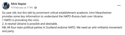 [Jest sprzed sześciu lat, ale to przemówienie czołowego krytyka establishmentu, profesora Johna Mearsheimera, dostarcza kilku kluczowych informacji, by zrozumieć starcie NATO-Rosja w Ukrainie.1. NATO prowokuje kryzys.<br />2. Neutralna Ukraina jest możliwa i pożądana.NB: Wszystkie cztery główne partie polityczne w Szkocji popierają NATO. Potrzebujemy antymilitarystycznego ruchu i partii.]