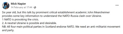 [Jest sprzed szeciu lat, ale to przemówienie czoowego krytyka establishmentu, profesora Johna Mearsheimera, dostarcza kilku kluczowych informacji, by zrozumie starcie NATO-Rosja w Ukrainie.1. NATO prowokuje kryzys.<br />2. Neutralna Ukraina jest moliwa i podana.NB: Wszystkie cztery gówne partie polityczne w Szkocji popieraj NATO. Potrzebujemy antymilitarystycznego ruchu i partii.]