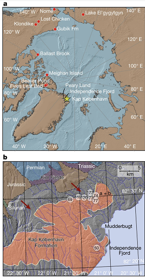 (z artykułu): a. Lokalizacja formacji Kap København w północnej Grenlandii przy wejściu do fiordu Independence (82° 24 ′ N 22° 12 ′ W) oraz lokalizacje innych arktycznych stanowisk plio-plejstoceńskich zawierających skamieniałości (czerwone kropki). b, Przestrzenny rozkład pozostałości erozyjnych 100-metrowej sukcesji płytkich morskich osadów przybrzeżnych między Mudderbugt a niskimi górami na północy (a + b odnosi się do lokalizacji 74a i 74b).