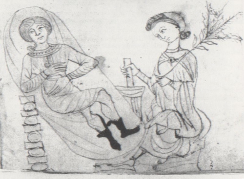 Ilustracja z XIII-wiecznego “Herbarium” Pseudo-Apulejusza przedstawiająca przygotowywanie ziół poronnych; domena publiczna