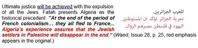 [Ostateczna sprawiedliwość zostanie osiągnięta wygnaniem wszystkich Żydów. Fatah przedstawia Algierię jako historyczny precedens: „Pod koniec okresu francuskiego kolonializmu…oni wszyscy uciekli do Francji…Doświadczenie Algierii zapewnia, że żydowscy osadnicy w Palestynie w końcu znikną”. („Waed”, nr 28, s. 25, czerwone podkreślenie w oryginale”)]