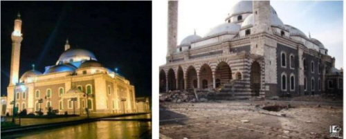 Meczet Chalida Ibn Al-Walida przed i po uderzeniem pociskiem artyleryjskim (zdjcia:aksaler.com, 7 lipca 2013; radiosawa.com, 17 kwietnia 2013)