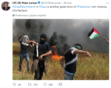 <center>#WielkiMarszPowrotu w #Gazie jest kolejnym wielkim pokazem #palestyskiego braku przemocy.(via Reuters) 15:53, 30 marca 2018</center>