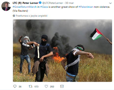 <center>#WielkiMarszPowrotu w #Gazie jest kolejnym wielkim pokazem #palestyńskiego braku przemocy.(via Reuters) 15:53, 30 marca 2018</center>