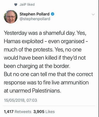 Wczoraj by haniebny dzie. Tak, Hamas wykorzysta – nawet zorganizowa – wikszo protestów. Tak, nikt nie byby zabity, gdyby Hamas nie atakowa granicy. Nikt jednak nie moe mi powiedzie, e poprawn reakcj jest strzelanie ostr amunicj do nieuzbrojonych Palestyczyków.