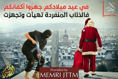 Arabski napis brzmi: „W wasze Boe Narodzenie przygotujcie wasze cauny, bo samotne wilki s gotowe i wyposaone\