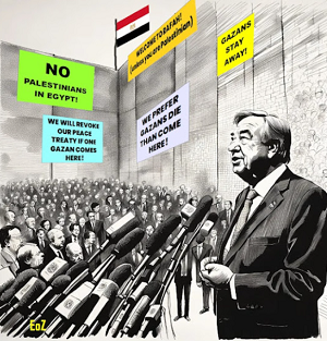 Napisy na plakatach:adnych Palestyczyków w Egipcie!Anulujemy traktat pokojowy jeli przybdzie tu cho jeden GazaczykWITAMY W RAFAH!(chyba e jeste Palestyczykiem)Wolimy, by Gazaczycy zginli ni przyszli tutaj!Gazaczycy, trzymajcie si z daleka! [Podpis pod obrazkiem]Stoj tutaj na granicy w Rafah, eby powiedzie, e ONZ jest oburzona, e Izrael nie robi wszystkiego, co w jego mocy, eby pomóc Gazaczykom!