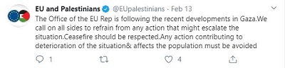 [Biuro Przedstawiciela UE ledzi niedawny rozwój sytuacji w Gazie. Wzywamy obie strony do powstrzymania si od wszystkich dziaa, które mogyby spowodowa eskalacj sytuacji. Trzeba unika kadego dziaania, które przyczynia si do pogorszenia sytuacji & i dotyka ludno]