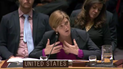 Samantha Power, amerykaska ambasador przy Radzie Bezpieczestwa ONZ przemawia po gosowaniu, w którym Stany Zjednoczone wstrzymay si od gosu.